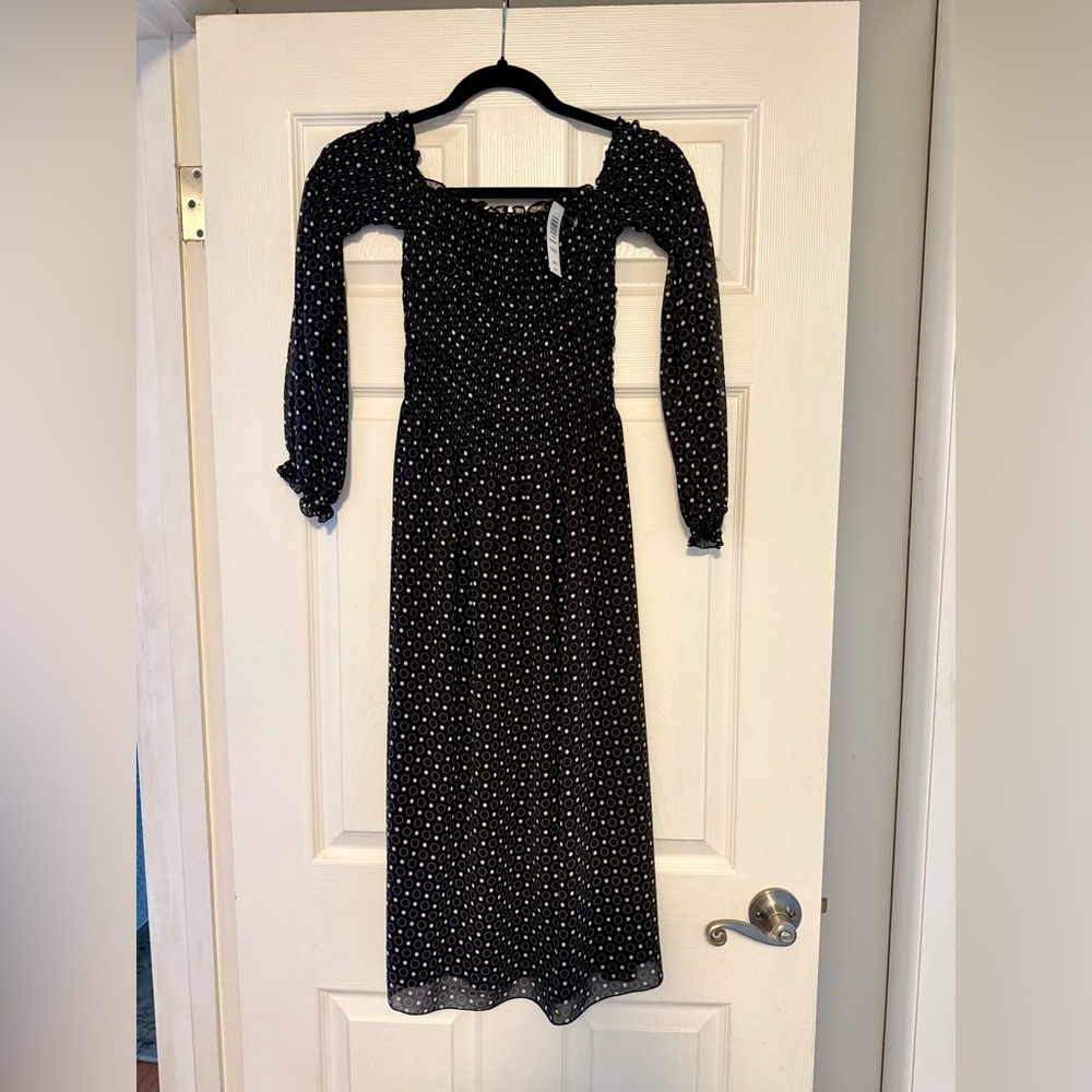 Wilfred Smocked Waist Black Polka Dot Midi Dress